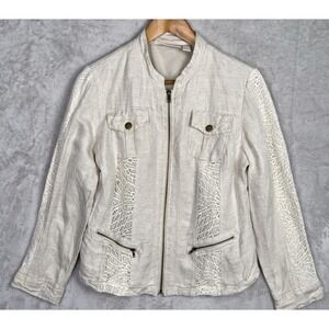 Chico's Women's Linen Jacket Lace Beige Oatmeal Multi-Pocket 1 Medium 8 10 M